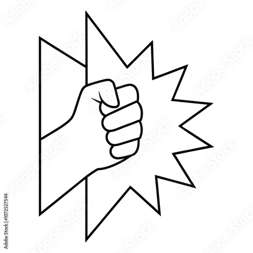 Fist punch through the wall line art vector illustration.