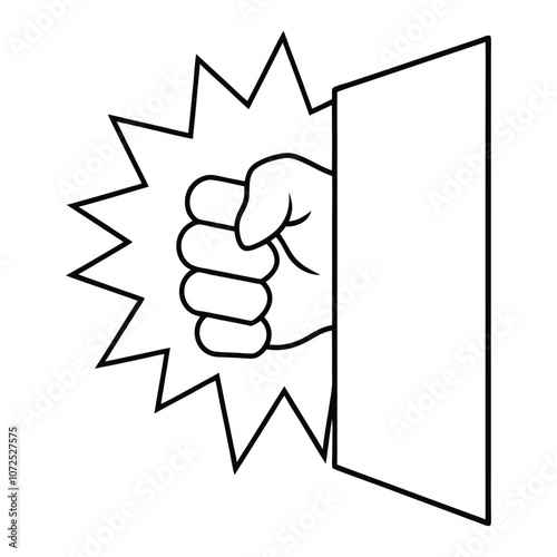 Fist punch through the wall line art vector illustration.