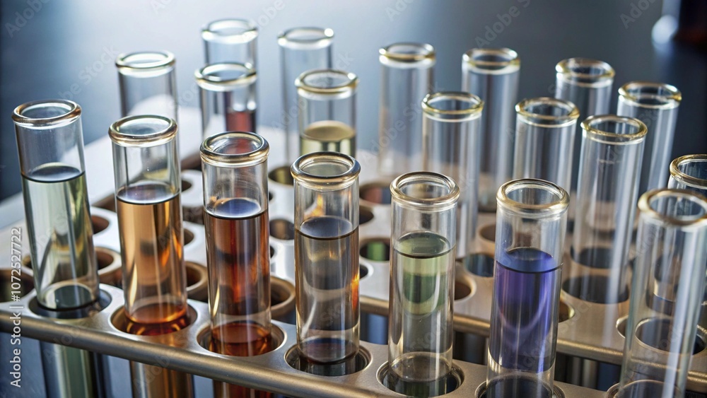 A chemical substance for treatment or conducting experiments. Glass medical test tubes in the laboratory.