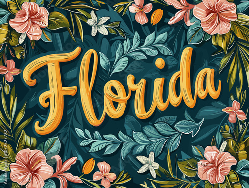 Colorful poster of Florida with a tropical theme. The poster is full of leaves and flowers and the word Florida is written in a fancy font