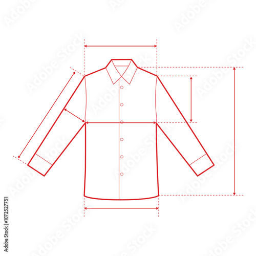 Long Sleeve Button-Down Shirt Technical Drawing with Measurement Points and Size Chart

