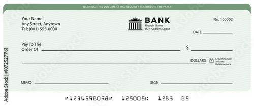 Green Blank money cheque. Bank check. Blue Check book template with pattern and empty fields. Currency payment coupon, US dollar check background.	