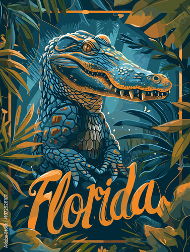 Painting of a crocodile in a forest with the words Florida written below it. The painting has a mood of adventure and exploration, as the crocodile is in a wild and untamed environment