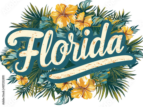 Colorful poster of Florida with a tropical theme. The poster is full of leaves and flowers and the word Florida is written in a fancy font photo