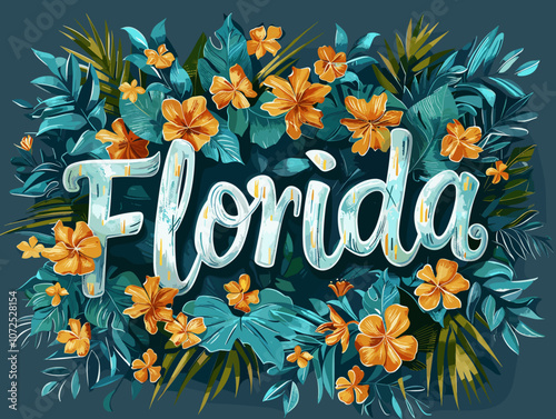 Colorful poster of Florida with a tropical theme. The poster is full of leaves and flowers and the word Florida is written in a fancy font