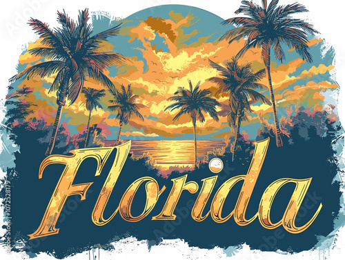 Colorful poster of Florida with a tropical theme. The poster is full of leaves and flowers and the word Florida is written in a fancy font