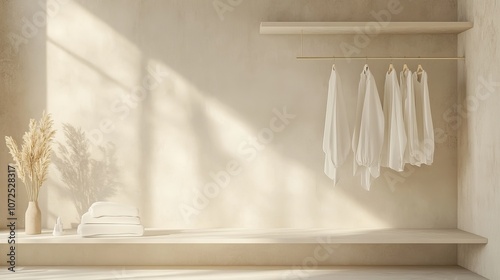 Clothes hanging on a rack against a creamcolored grunge background with a shelf in neutral beige colors store or bedroom concept 3D rendering