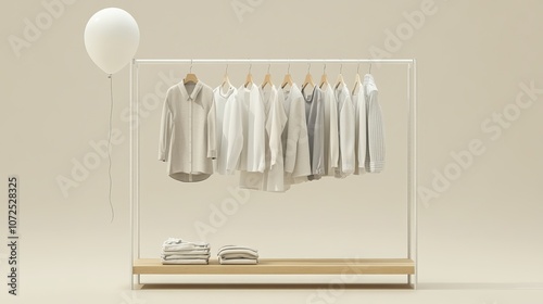 Clothes on a hanger and shelf with a balloon on a cream background clothes on rack in neutral beige tones 3D rendering for shopping store or bedroom concept