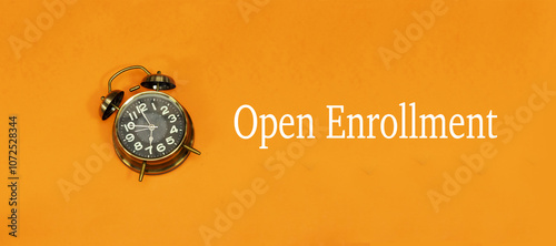 Принти на полотні open enrollment concept with alarm clock, time to registration