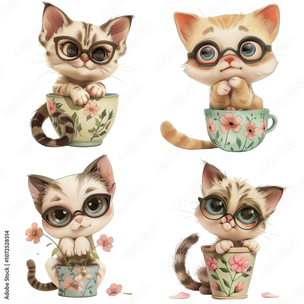 Fototapeta premium Four cute cats in glasses sitting in flower pots, showcasing playful expressions and vibrant colors. ,PNG Transparency
