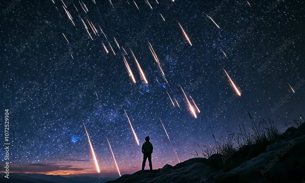 A lone figure standing in awe, watching a dazzling meteor shower illuminate the night sky.