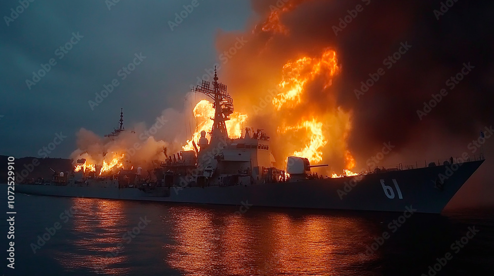 Military battleship on fire during a tense and dramatic scene at sea Military battleship on fire during a tense and dramatic scene at sea