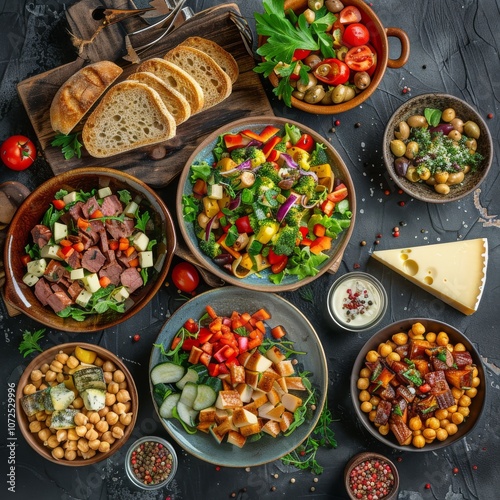 Fried Vegetable Salad, Green Mix Meat and Chickpeas, Cheese Plate and Freshly Baked Bread