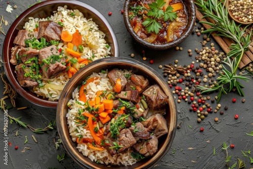 Turshu and Roast Meat, Lamb Pilaf with Dried Fruits, Rice and Herbs on Moss Background, Exquisite Serving photo