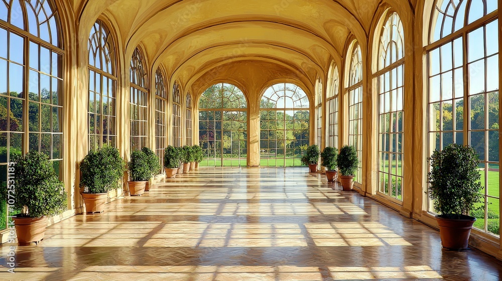 Obraz premium Bright and Spacious Indoor Hallway with Large Windows and Potted Plants, Perfect for Events or Natural Light Photography in a Serene Environment