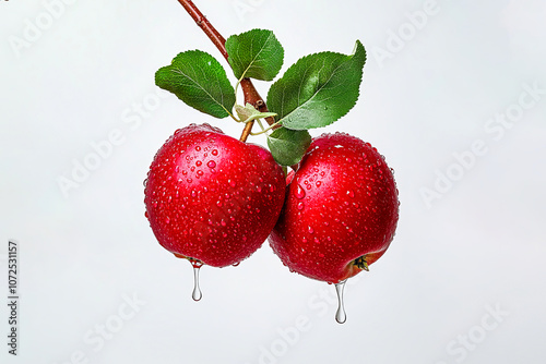 Two wet red apples on a branch.