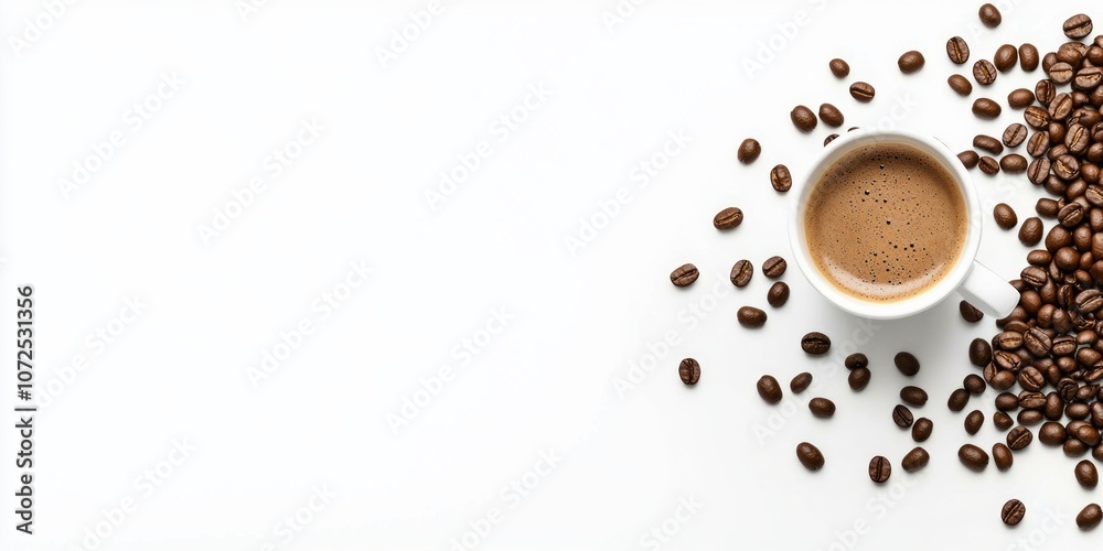 Fototapeta premium A steaming cup of coffee sits next to scattered coffee beans. The white background adds a clean look. Ideal for food lovers and coffee enthusiasts. A delightful scene for coffee art. AI