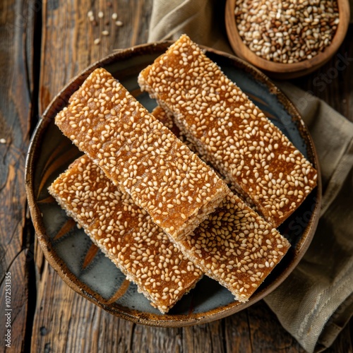 Sesame Bars, Sweet Cereal Breakfast on Wood Plate, Honey Sesame Seed Crackers, Candy Bar, Nougat photo