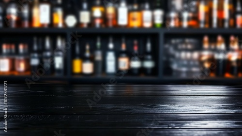 Wallpaper Mural Blurred Bottles and Bar Counter, Out of Focus Alcohol Bottles, Dark Wooden Countertop Background, Stock Photo for Bar Theme Torontodigital.ca