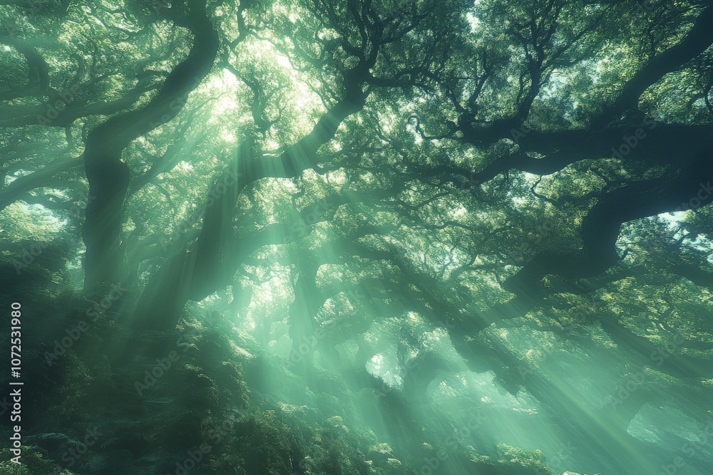 Sunlight Streaming Through Enchanted Forest Sunlight Streaming Through Enchanted Forest