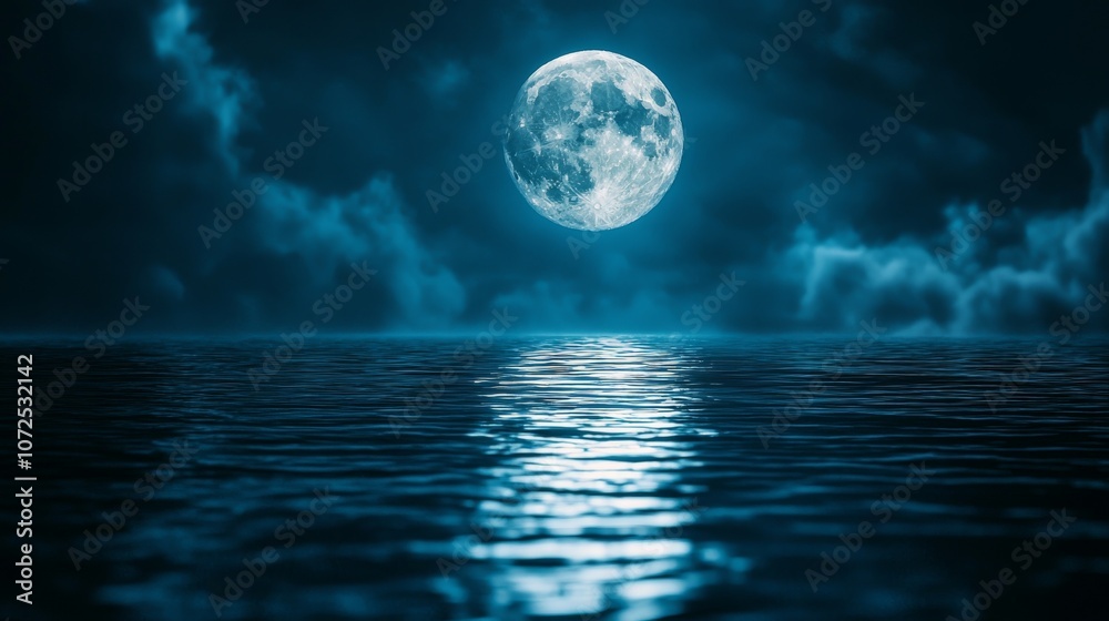 Fototapeta premium Moonlit Night Over Ocean with Reflections