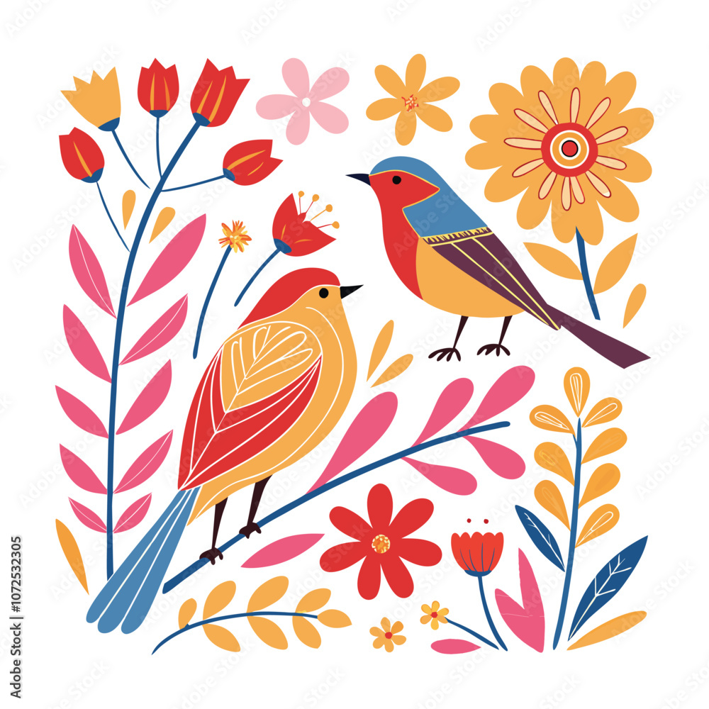 Naklejka premium little birds and variant flowers cute pattern