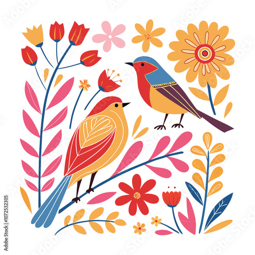 little birds and variant flowers cute pattern
