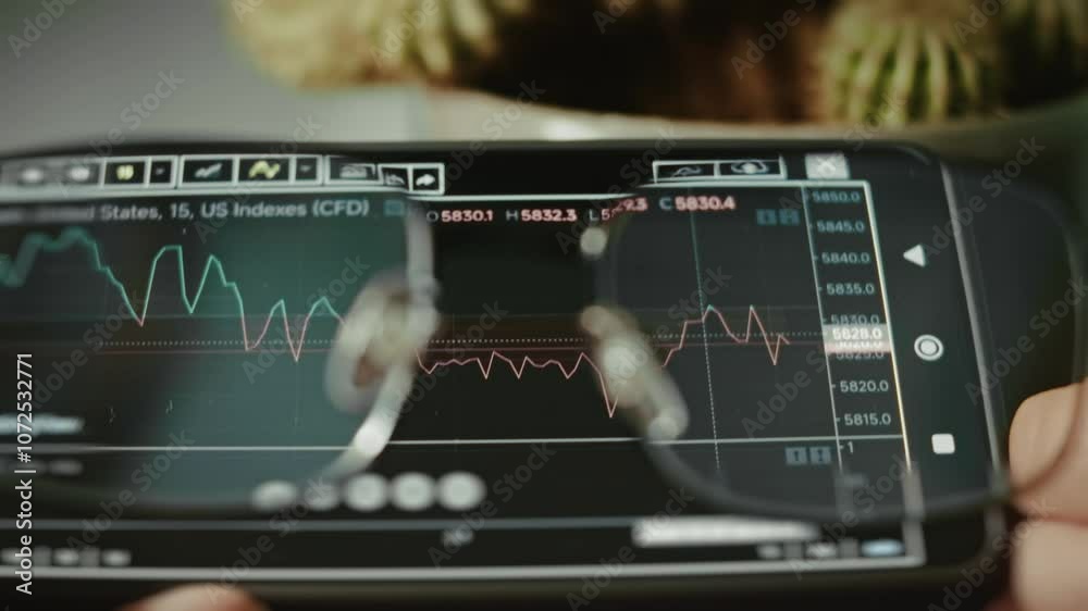 Viewing US 500 Price Chart on a crypto trading platform on smartphone through vision glasses Viewing US 500 Price Chart on a crypto trading platform on smartphone through vision glasses
