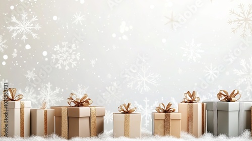 Sleek Christmas banner with modern gift boxes in neutral colors and gold accents, against a minimalist white background with subtle snowflake patterns. Copyspace for text.