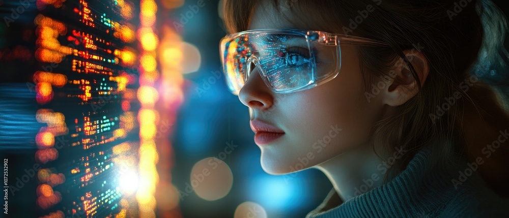 Woman looking at futuristic technology, digital data displayed on screen. Woman looking at futuristic technology, digital data displayed on screen.