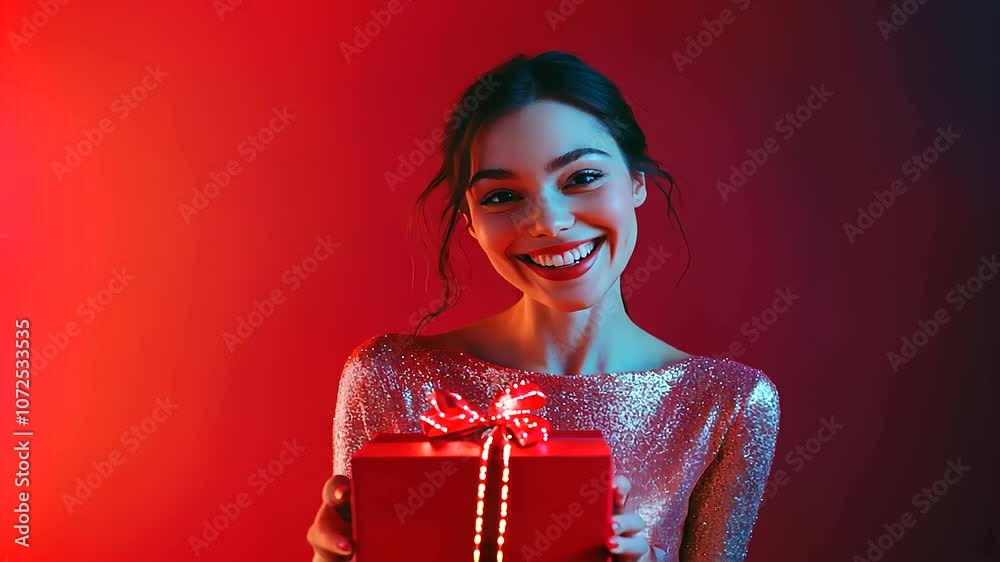 Valentine's day surprise. Holiday present. 8 March. Amazed happy attractive woman in festive dress opening gift in neon light on red gradient vertical AI Valentine's day surprise. Holiday present. 8 March. Amazed happy attractive woman in festive dress opening gift in neon light on red gradient vertical AI