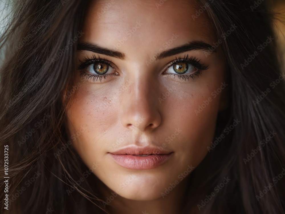 Fototapeta premium A close-up of a young woman with striking green eyes and flowing dark hair during soft daylight in an indoor setting