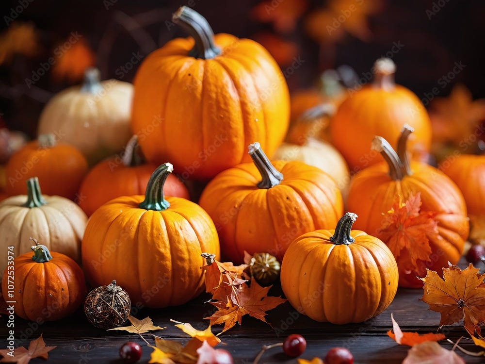 A vibrant collection of pumpkins and autumn leaves arranged beautifully on a rustic wooden surface during the fall season A vibrant collection of pumpkins and autumn leaves arranged beautifully on a rustic wooden surface during the fall season