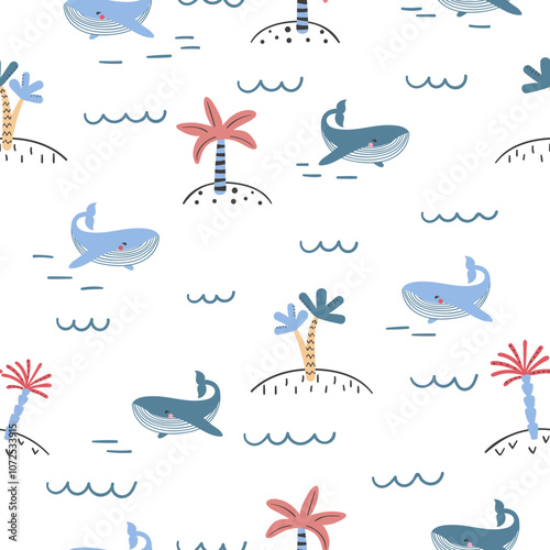 Cute marine pattern with cartoon whales and palm trees. Seamless vector sea print