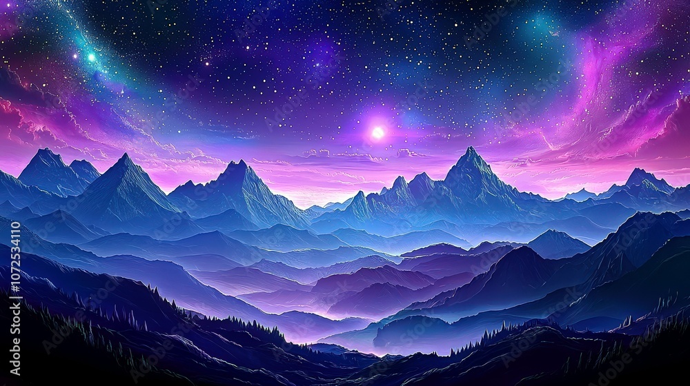 Majestic Landscape of Ethereal Mountains Under a Starry Sky with Cosmic Elements and Vibrant Colors Invoking a Sense of Wonder and Adventure