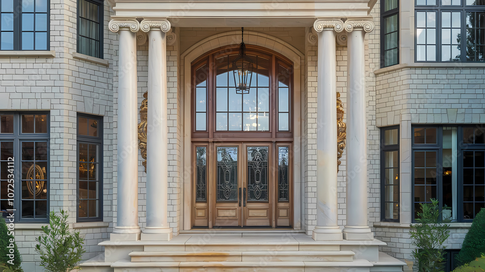 Elegant entrance of a luxurious home, featuring grand wooden doors framed by tall white columns and surrounded by dark windows and lush greenery. Perfect for highlighting architectural design. Elegant entrance of a luxurious home, featuring grand wooden doors framed by tall white columns and surrounded by dark windows and lush greenery. Perfect for highlighting architectural design.