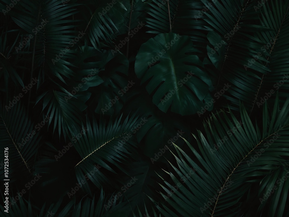 Dense arrangement of tropical foliage in rich shades of green showcasing various leaf textures in a botanical setting Dense arrangement of tropical foliage in rich shades of green showcasing various leaf textures in a botanical setting