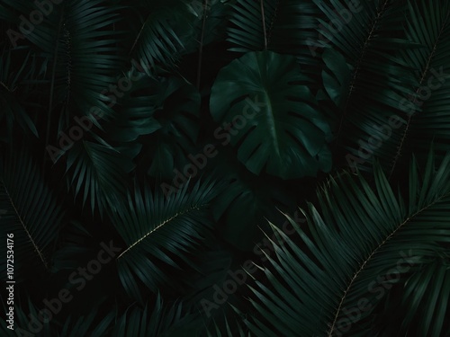 Dense arrangement of tropical foliage in rich shades of green showcasing various leaf textures in a botanical setting