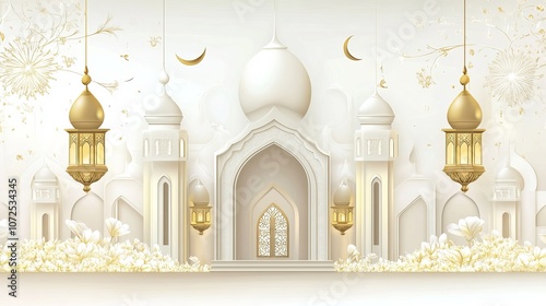 Wallpaper Mural Islamic banner with crescent moon lantern and mosque gate in white and gold vector design for festive occasions Torontodigital.ca