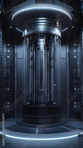 Advanced Small Modular Reactor in Futuristic Industrial Facility with Cylindrical Reactor Design, Cooling System, and Sleek Metal Panels for High-Tech Minimalist Energy Solution