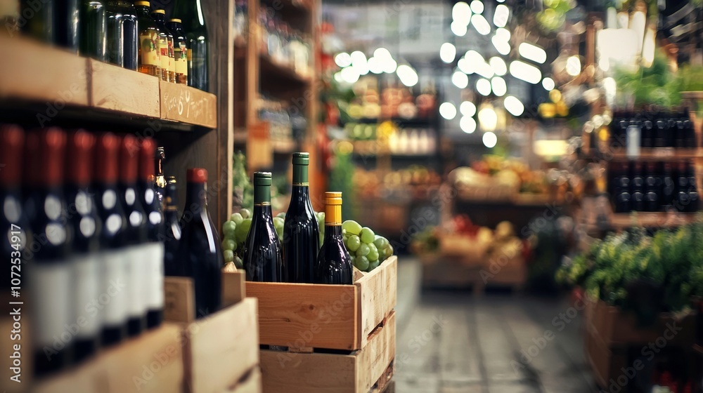 Wine bottles and fresh grapes in rustic market setting Wine bottles and fresh grapes in rustic market setting