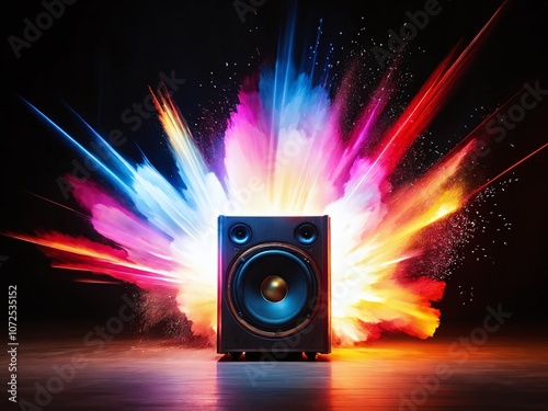 Vibrant sound waves burst from a speaker against a dark background at night, creating a dynamic and colorful visual effect photo