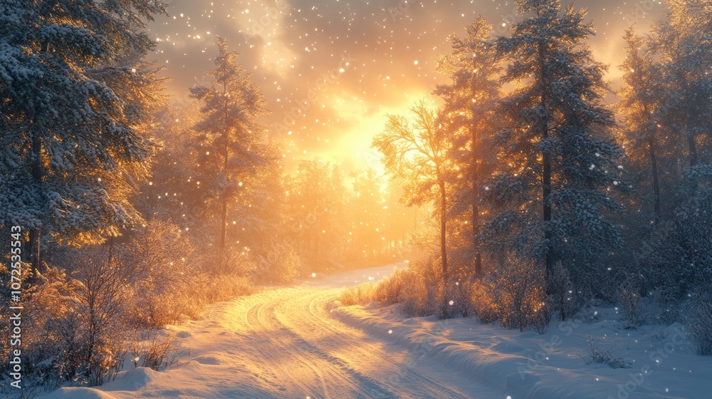 Snowy Forest Pathway: A sun-drenched path winds through a snowy forest, illuminated by the golden glow of a setting sun. The trees stand tall and proud, their branches laden with snow. Snowy Forest Pathway: A sun-drenched path winds through a snowy forest, illuminated by the golden glow of a setting sun. The trees stand tall and proud, their branches laden with snow.