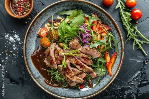 Roasted Meat, Greens, Pine Nuts and Brown Sause Top View. Exquisite Serving Dish of Barbecue Veal
