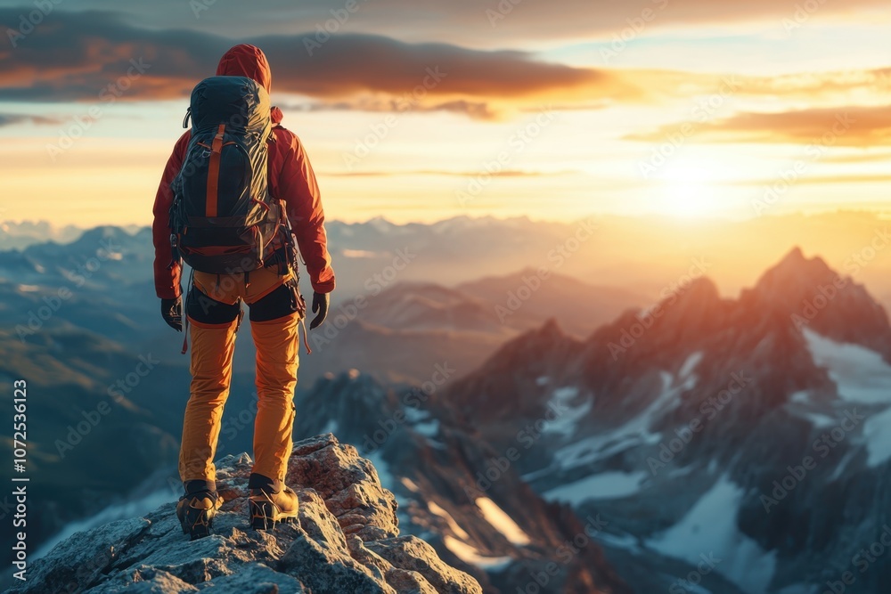 Hiker enjoying a breathtaking sunset view from a mountain peak in the Dolomites Hiker enjoying a breathtaking sunset view from a mountain peak in the Dolomites