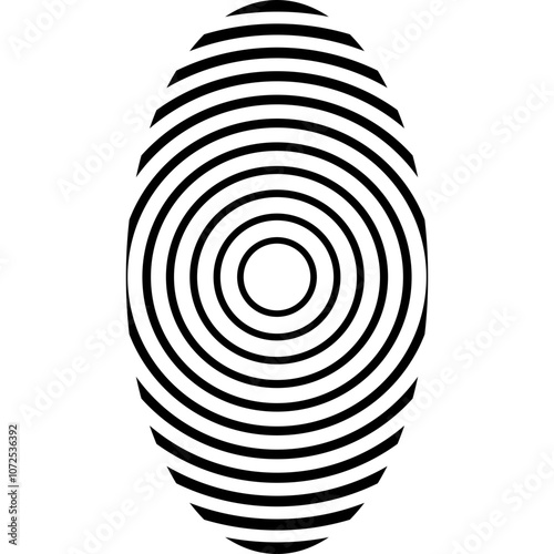 A stylized black fingerprint pattern composed of concentric circles or rings arranged in an oval shape against a white background. Vector outline icon.