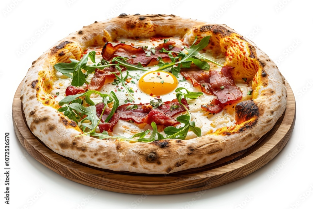 Pizza Carbonara with Bacon, Cheese, Rucola, Tomato Sauce, Mozzarella and Raw Egg Yolk Isolated