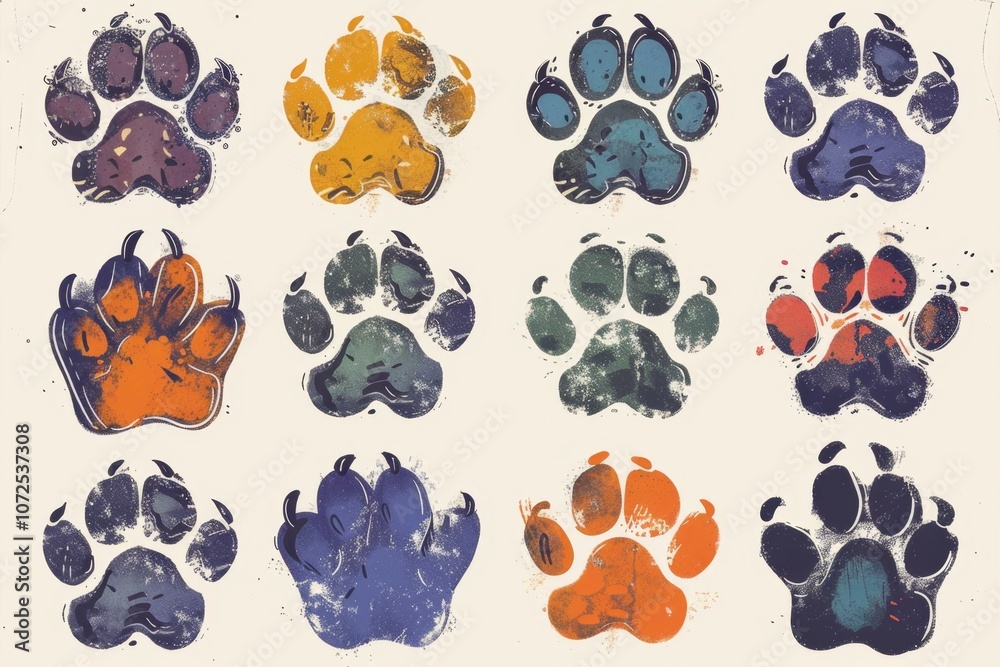 Fototapeta premium Paw footprint icon, animal foot print, dog graffiti spray step, wolf trail, bear trace silhouette, paw footprint