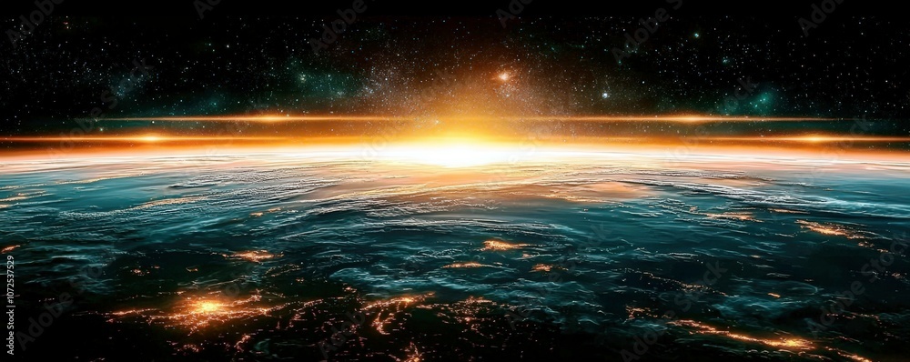 Captivating Cosmic View of Earth and the Striking Sunrise Over the Horizon Illuminated by a Starry Sky in a Celestial Scene of Infinite Depths Captivating Cosmic View of Earth and the Striking Sunrise Over the Horizon Illuminated by a Starry Sky in a Celestial Scene of Infinite Depths