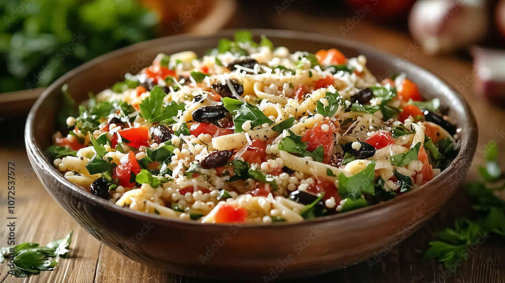 Fresh Mediterranean salad with tomatoes, olives, and orzo. Food, healthy eating, Mediterranean cuisine Fresh Mediterranean salad with tomatoes, olives, and orzo. Food, healthy eating, Mediterranean cuisine